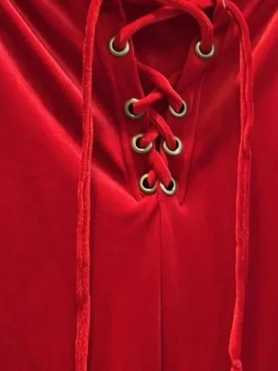 Red Lace Up Velvet Bell Bottom Pants - Picture 4 of 5